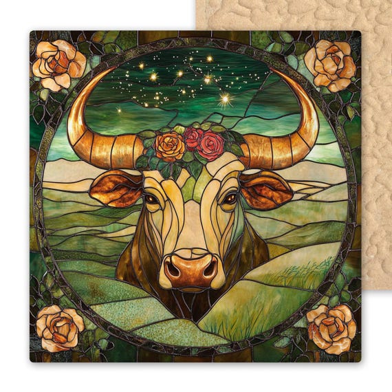 Handcrafted Taurus Zodiac Ceramic Tile: Stained Glass Bull Wall Art for April-May Birthdays
