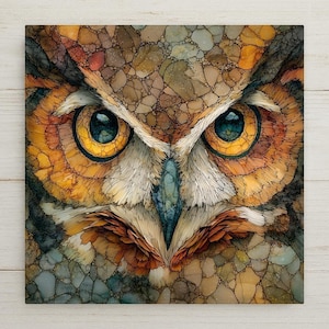 Owl Wall Art Ceramic Tile Stained Glass Style Forest Wildlife Decor Nature Animal Rustic Cabin Gift Woodland Mosaic Style