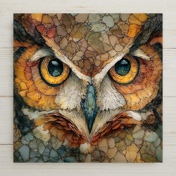 Owl Stained Glass Art Tile Forest Wildlife Wall Decor Nature Animal Rustic Cabin Gift Woodland Mosaic Porcelain