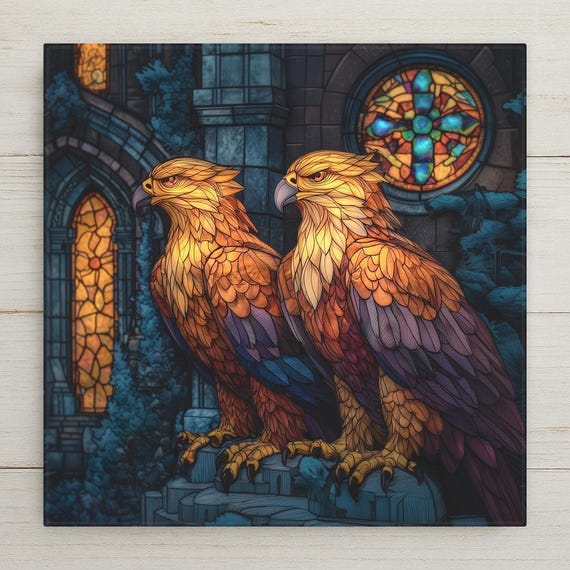 Twin Griffons Ceramic Tile Wall Art – Stained Glass Style Symbolic Wall Decor, Meaningful Home Decor Gift of Protection and Unity