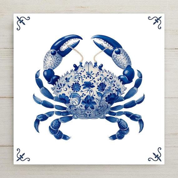 Blue Delft Crab Ceramic Tile Home Decor: Nautical Coastal Wall Art