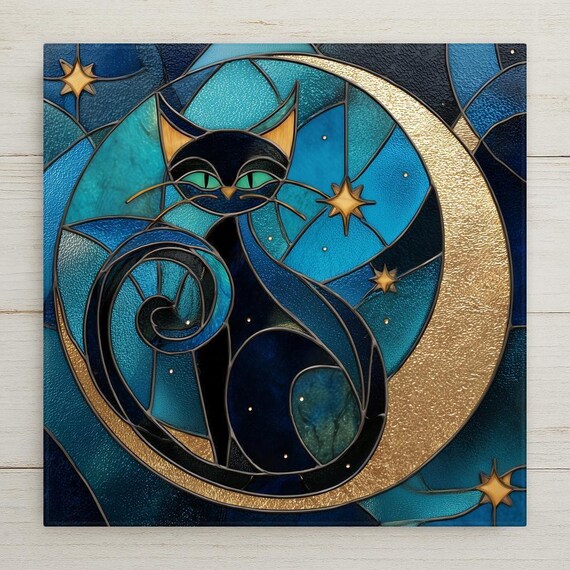 Black Cat Moon Ceramic Tile Wall Art - Stained Glass Style Mystical Night Decor Home Gift