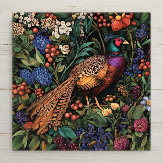 Vibrant Pheasant Ceramic Tile Art - Colorful Game Bird Wall Decor with Floral Garden Design