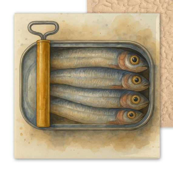 Can of Sardines Ceramic Tile Art – Vintage Watercolor Kitchen Wall Decor – Retro Foodie Tile for Coastal or Cottagecore Kitchen Style