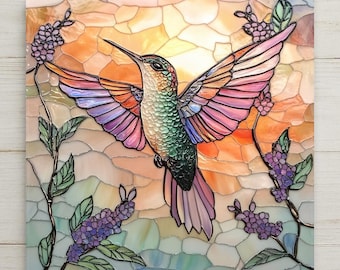 Hummingbird Vibrant Wall Art Ceramic Tile Garden Gift Stained Glass Style Decor Bird Art Nature Lover Art Gift Tile