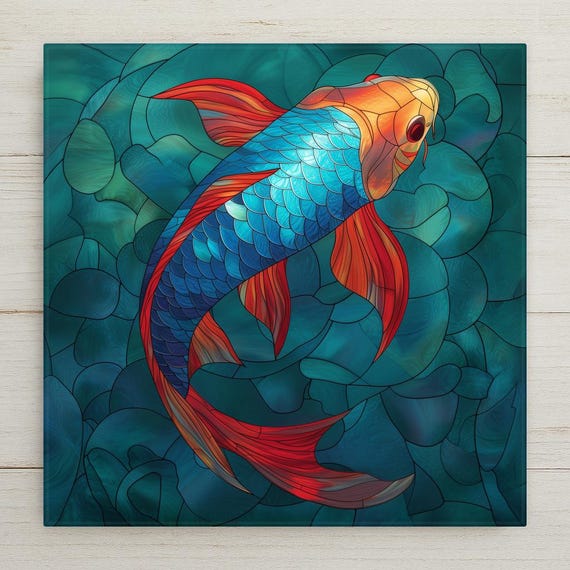 Colorful Koi Wall Art Ceramic Tile – Modern Fish Wall Decor – Bold Bathroom Art – Teal Blue Aquatic Home Decor Gift