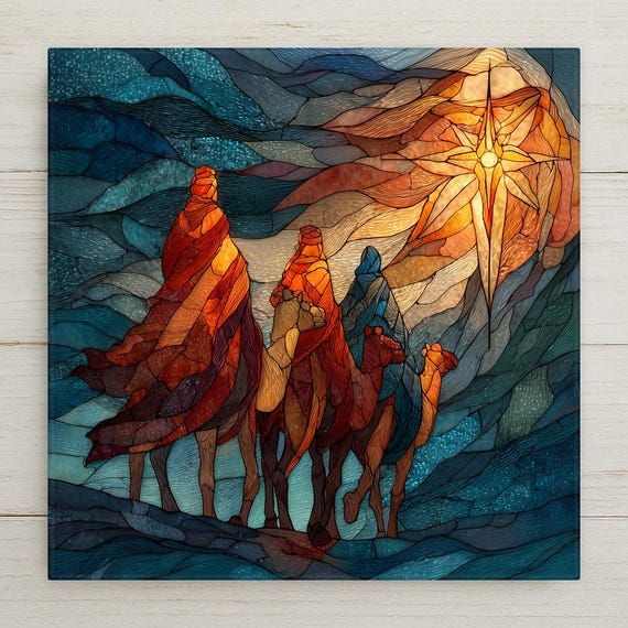 Star of Bethlehem Wall Art Ceramic Tile Stained Glass Style Christmas Gift Three Wise Men on Camels Religious Memorial Spiritual Decor