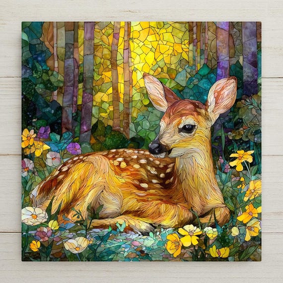 Fawn Deer Wall Art, Stained Glass Woodland Animal Decor, Nursery Nature Artwork Decorative Tile