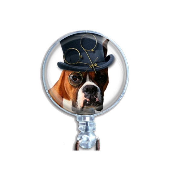 Steampunk Boxer Dog Badge Reel – Retractable ID Holder with Top Hat and Monocle, Funny Dog Lanyard Clip for Nurses and Dog Lovers