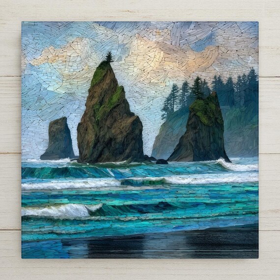 Ruby Beach Coastal Wall Art Ceramic Tile Pacific Northwest Gift Olympic Decor Sea Stack Art Washington Gift Tile