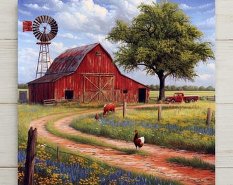 Rustic Red Barn Ceramic Tile Art: Farmhouse Decor