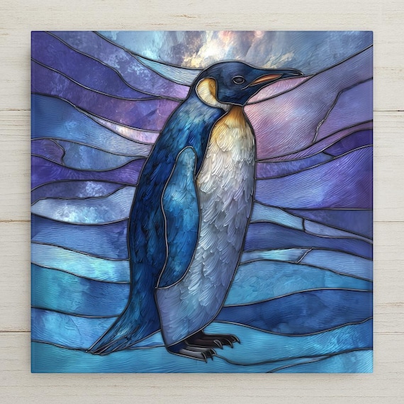 Penguin Ceramic Tile Wall Art – Stained Glass Style Coastal Wildlife Decor, Ocean Blue Home Decor, Gift for Penguin Lovers