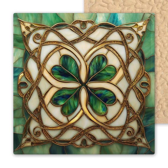 Celtic Shamrock Knot Ceramic Tile, Irish Stained Glass Style Wall Art, Four Leaf Clover Gift, Green Celtic Home Decor, St Patrick’s Day