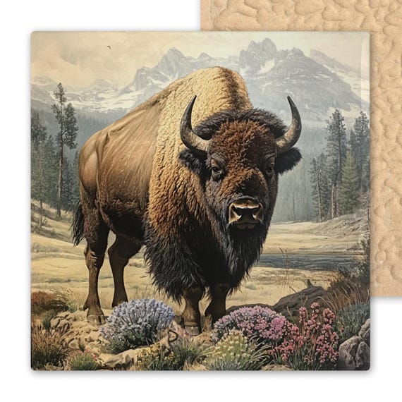 Audubon-Inspired American Buffalo Ceramic Tile: Rustic Wildlife Art for Lodge, Cabin Decor, Coaster, Trivet