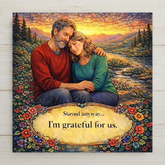 Anniversary Wall Art Ceramic Tile – Romantic Sunset Couple Decor, “Stayed Anyway” Marriage Gratitude Home Decor