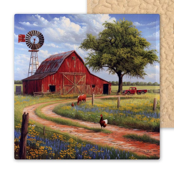 Rustic Red Barn Ceramic Tile Art - Farmhouse Wall Decor with Windmill, Truck & Wildflowers for Country Kitchen