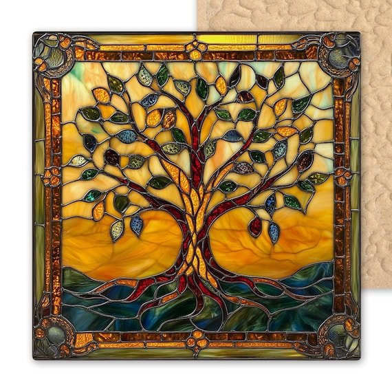 Stained Glass Tree of Life Ceramic Tile Art – Vibrant Roots and Leaves – Colorful Spiritual Nature Wall Decor – Handmade Symbolic Gift