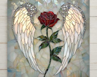 Angel Wings & Rose Tile Art: Stained Glass Style Memorial, Sympathy, Christian Decor, Remembrance Gift