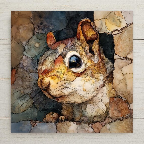 Woodland Squirrel Ceramic Tile - Forest Animal Wall Art Stained Glass Nature Wildlife Portrait Cottage Cabin Decor