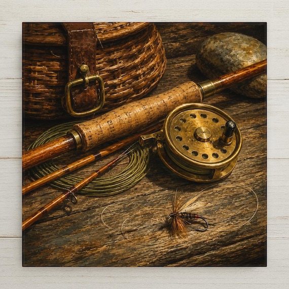 Fly Rod Ceramic Art Tile: Vintage Fly Fishing Wall Decor Cabin Angler Home Decor Wall Art