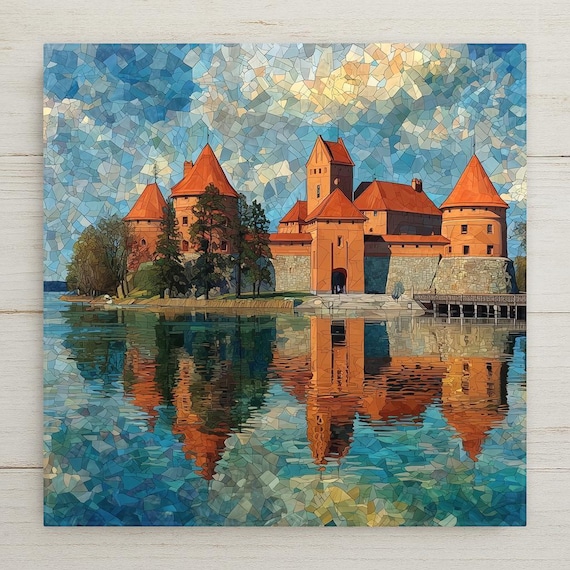 Trakai Island Castle Ceramic Tile Wall Art – Stained Glass Style Castle Decor, European Landmark Wall Decor, Home Decor Gift