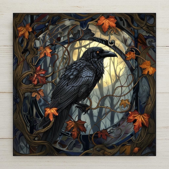 Gothic Raven Ceramic Tile: Spooky Halloween Wall Art