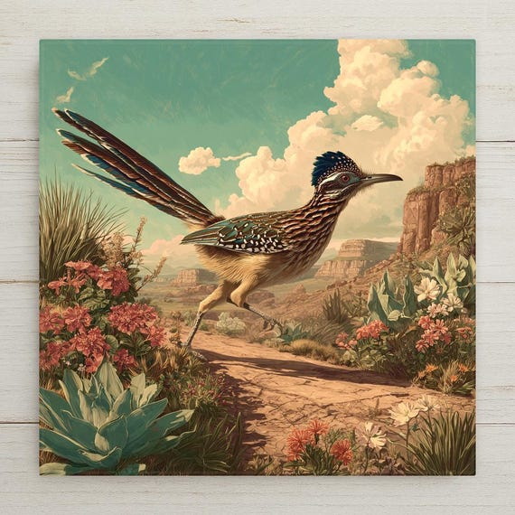 Southwest Roadrunner Tile Art: Desert Cactus & Wildflower Print Wall Decor