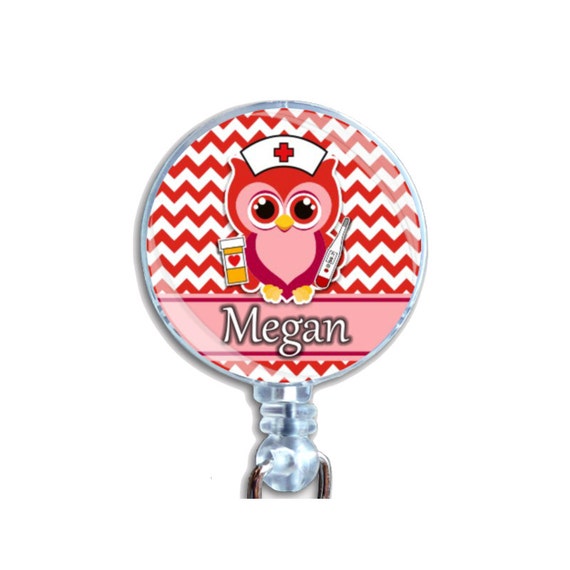 Personalized Custom Badge Reel ID Retractable Card Holder Nurse Owl Red Chevrons Just Add Your Name