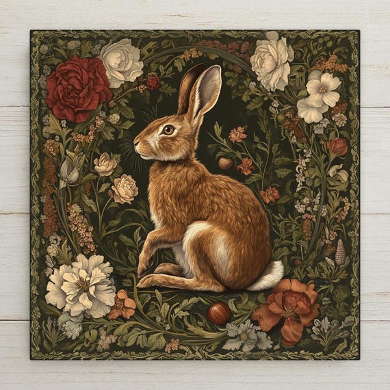 Art Nouveau Ceramic Tile: Woodland Hare Inspired by William Morris - Vintage Bunny Wall Decor
