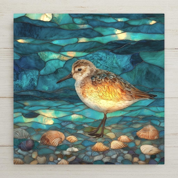 Sandpiper Ceramic Tile Wall Art - Coastal Stained Glass Beach Decor, Ocean Shore Bird Nautical Home