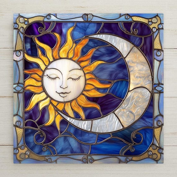 Celestial Ceramic Tile Art: Sun & Moon Wall Decor - Handmade Stained Glass Style Cosmic Gift