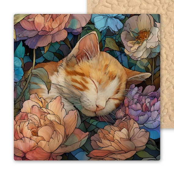 Whimsical Cat Wall Art Ceramic Tile Stained Glass Style Feline with Floral Details Colorful Cottagecore Pet Lover Gift Nature Inspired Decor
