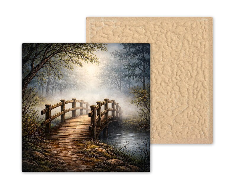Foggy Woodland Bridge Peaceful Wall Art Ceramic Tile – Stained Glass Style, Nature Inspired Home Decor image 9