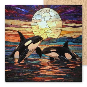 Orca Whale Ceramic Tile Art: Stained Glass Sunset Ocean Trivet, Coastal Wildlife Wall Decor for Killer Whale Lovers Wall Art