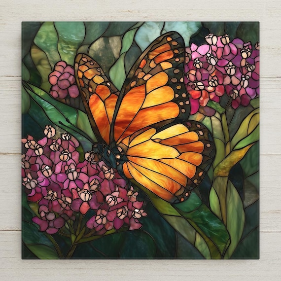 Monarch Butterfly Wall Art Ceramic Tile – Stained Glass Floral Decor, Orange Butterfly Garden Art, Cottagecore Home Decor