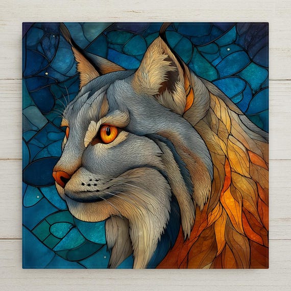Lynx Wall Art Ceramic Tile Stained Glass Style Wildlife Gift Woodland Nature Art Wild Cat Decor Cabin Nature Gift