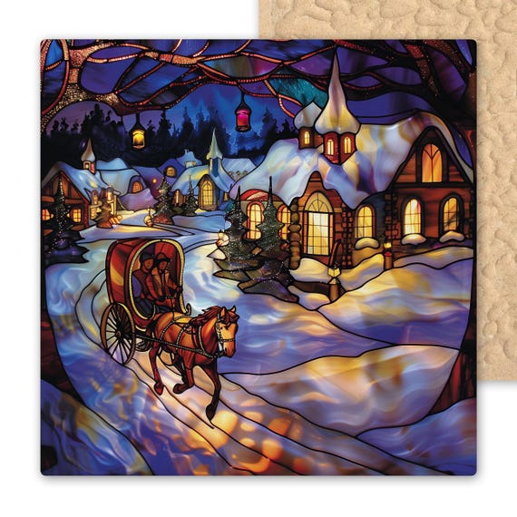 Stained Glass Winter Village Ceramic Tile Art – Horse Sleigh Ride Christmas Wall Art Holiday Home Decor Gift Snowy Cottage Scene