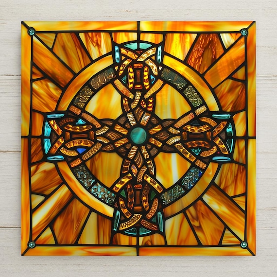Celtic Cross Ceramic Tile: Stained Glass-Inspired Irish Decor for Home, Kitchen, Wall Art