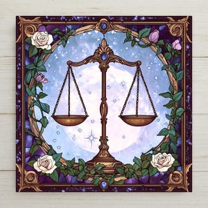 Libra Zodiac Ceramic Tile Wall Art – Stained Glass Style Astrology Decor, September October Birthday Gift, Celestial Home Accent