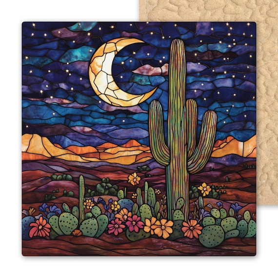 Southwestern Ceramic Tile Art: Stained Glass Cactus, Moon, and Stars Desert Wall Decor