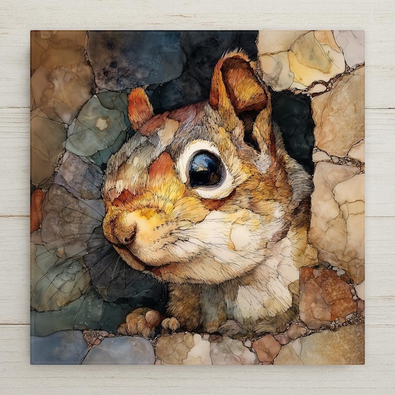 Woodland Squirrel Ceramic Tile - Forest Animal Wall Art Stained Glass Nature Wildlife Portrait Cottage Cabin Decor