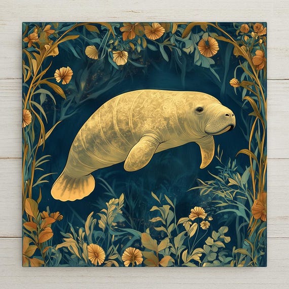 Manatee Wall Art Ceramic Tile Manatee Lover Gift Coastal Decor William Morris Style Sea Cow Art Nature Gift Tile