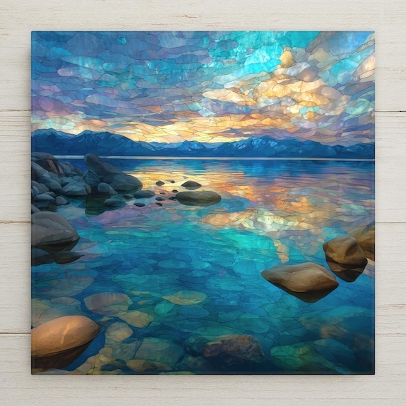 Lake Tahoe Ceramic Tile Wall Art – Crystal Clear Alpine Lake at Sunset, Mountain Water Reflection, Scenic Nature Home Decor