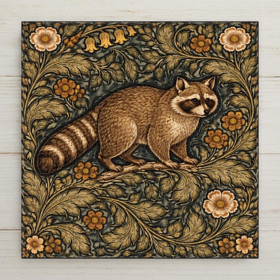 Raccoon Wall Art Ceramic Tile – William Morris Style Woodland Animal Decor – Rustic Cabin Wall Decor – Arts and Crafts Wildlife Home Decor