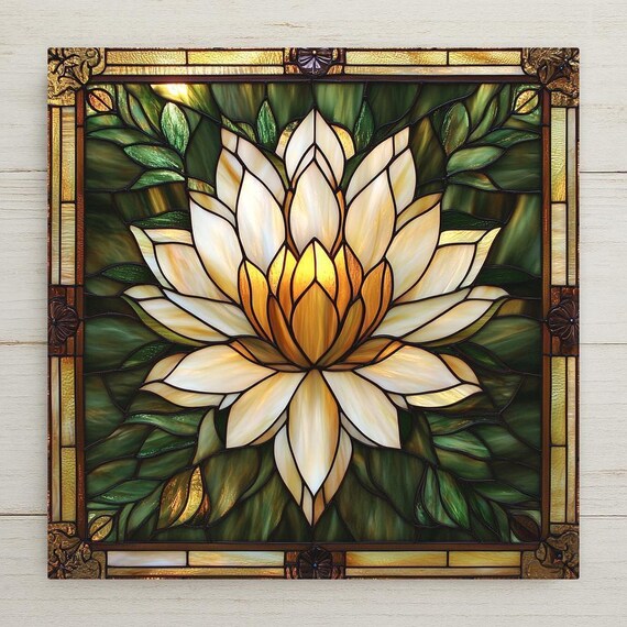 Lotus Flower Ceramic Tile Wall Art - Art Nouveau Tiffany-Inspired Jade Green & Gold Floral Decor