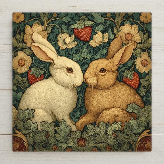 William Morris Rabbit Pair Ceramic Art Tile: Woodland Wall Decor Art Nouveau Vintage Anniversary Gift Traditional Home Decor