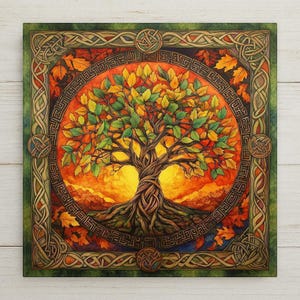 May include: A square wall art print featuring a central tree with intertwined roots and branches, set against a vibrant orange and yellow sunset background. The tree is framed by a circular border with intricate knotwork and autumn leaves.