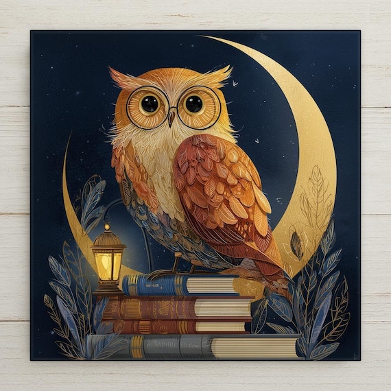 Owl Ceramic Tile Wall Art – Whimsical Night Owl Decor, Stained Glass Style Moon Owl, Cottagecore Wall Decor, Home Decor Gift