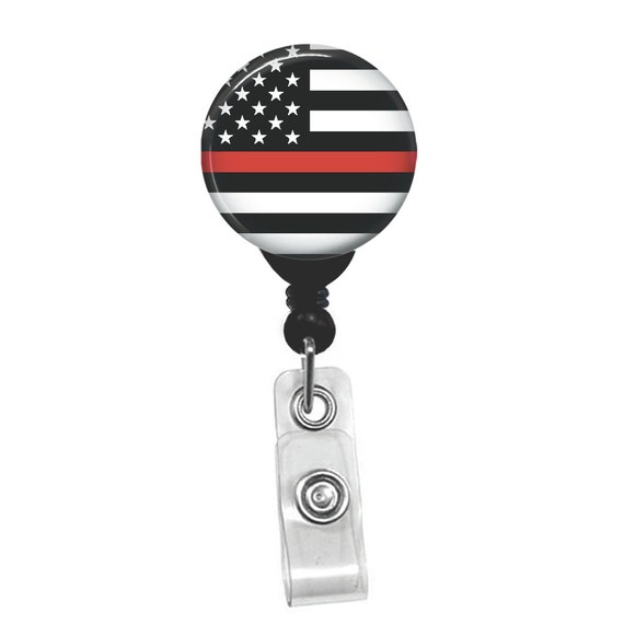 Thin Red Line American Flag Badge Reel Retractable ID Holder Patriotic Firefighter Gift USA Flag Lanyard Name Tag Nurse EMT Clip