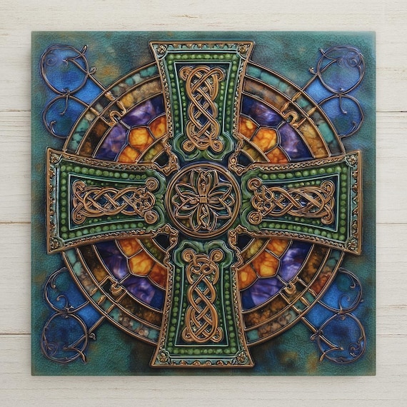 Celtic Cross Wall Art Ceramic Tile – Stained Glass Irish Knot Christian Home Decor, Green Gold Religious Wall Decor